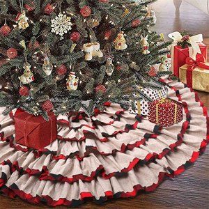 48 Inch Buffalo Plaid Christmas Tree Skirt, Burlap